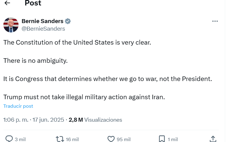 Senador Bernie Sanders advierte a Trump sobre acciones militares contra Irán 2 Captura de pantalla 2025 06 17 183245