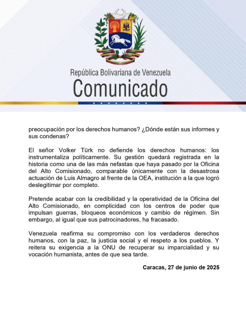 Venezuela rechaza declaraciones de Volker Türk 3 img 20250627 165436 414419107049202430484