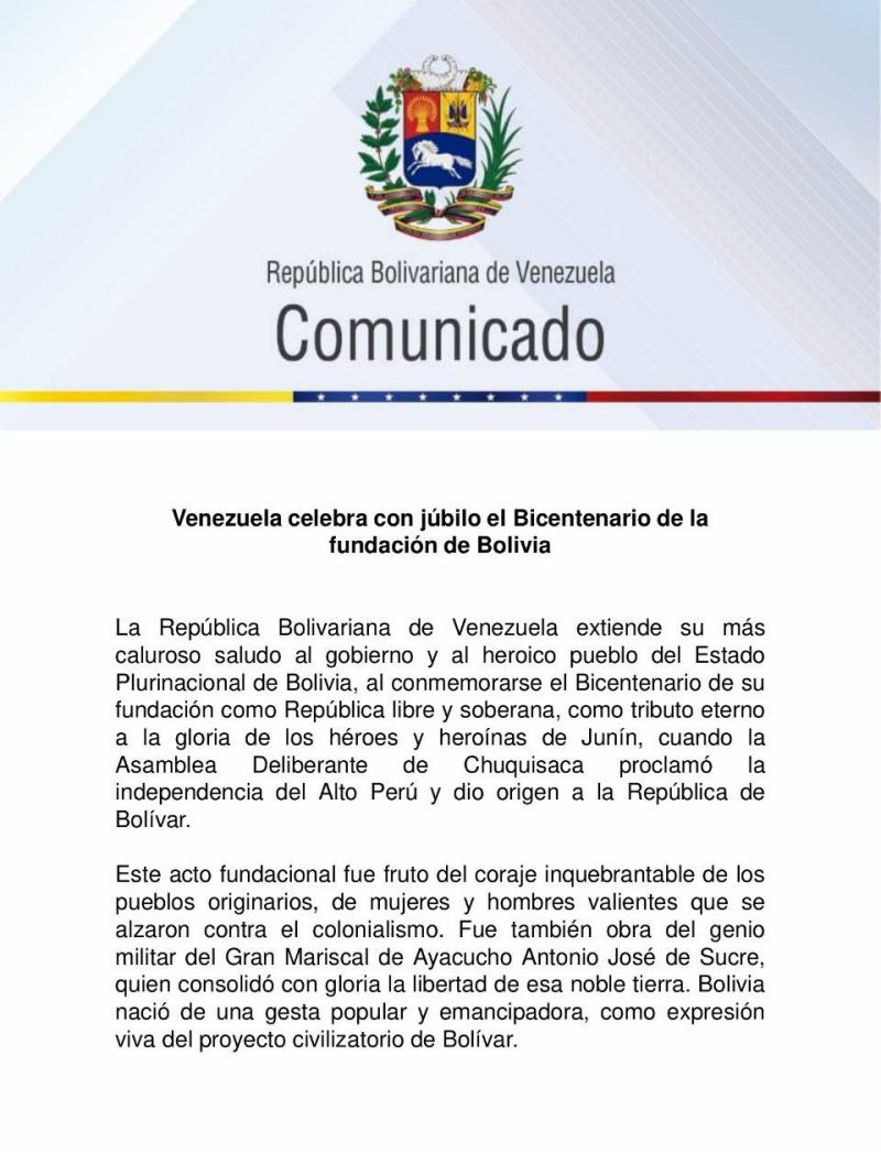 Venezuela celebra el Bicentenario de Bolivia y reafirma la hermandad entre ambos pueblos 2 4945006752710111148