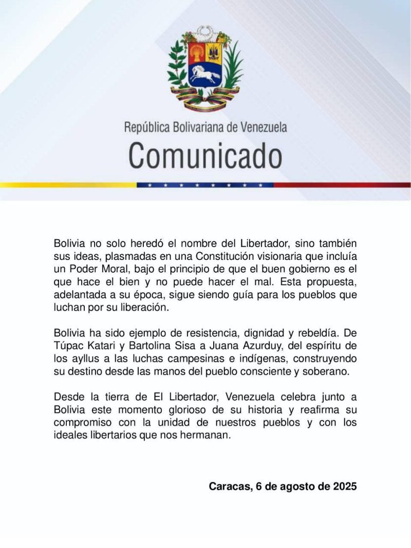 Venezuela celebra el Bicentenario de Bolivia y reafirma la hermandad entre ambos pueblos 3 4945006752710111150