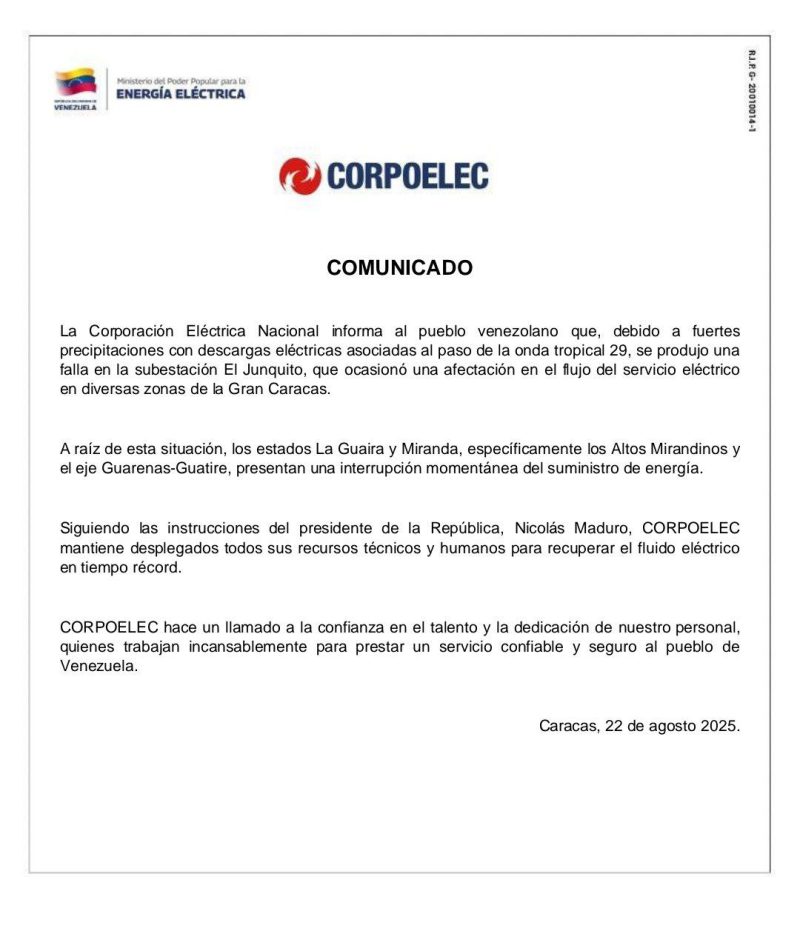 Corpoelec restablece servicio eléctrico en la Gran Caracas tras falla por onda tropical 2 4992774558637469605