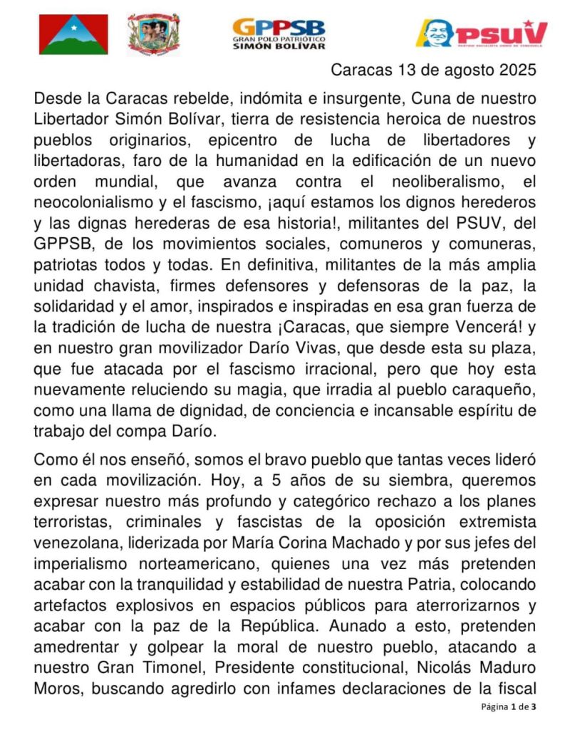 Comunicado del PSUV Caracas: Rechazo contundente a planes terroristas de la derecha extremista 2 WhatsApp Image 2025 08 13 at 4.50.00 PM
