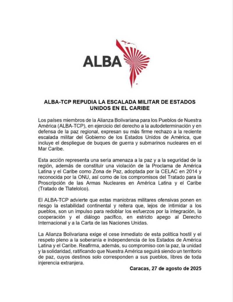 ALBA-TCP rechaza escalada militar de EE.UU. en el Caribe con despliegue de submarino nuclear 2 WhatsApp Image 2025 08 27 at 2.56.43 PM