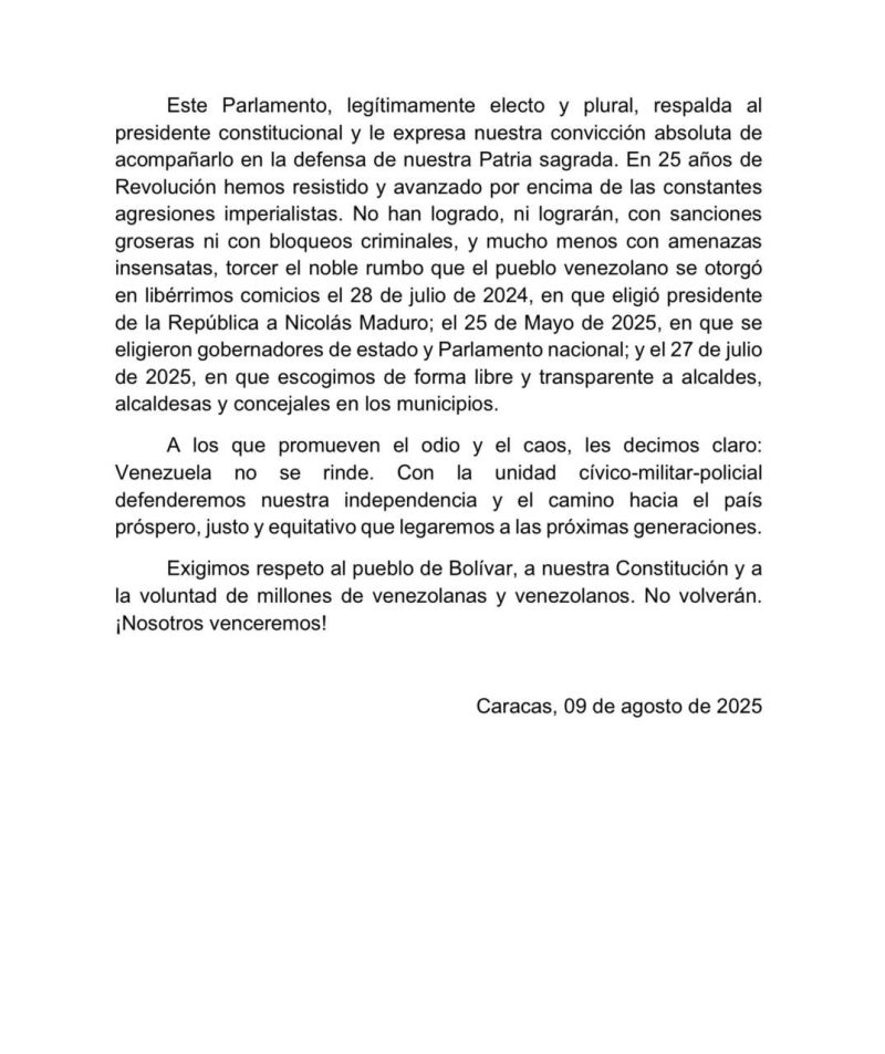 Asamblea Nacional rechaza enérgicamente agresiones de EE.UU. y reafirma apoyo al presidente Maduro 3 img 20250809 141955 1375956500643630259399