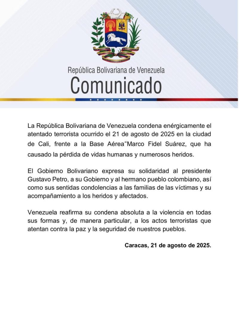 Venezuela condena atentado terrorista en las inmediaciones de la Base Aérea "Marco Fidel Suárez" de Cali en Colombia 2 img 20250821 211315 1485150637286427671479