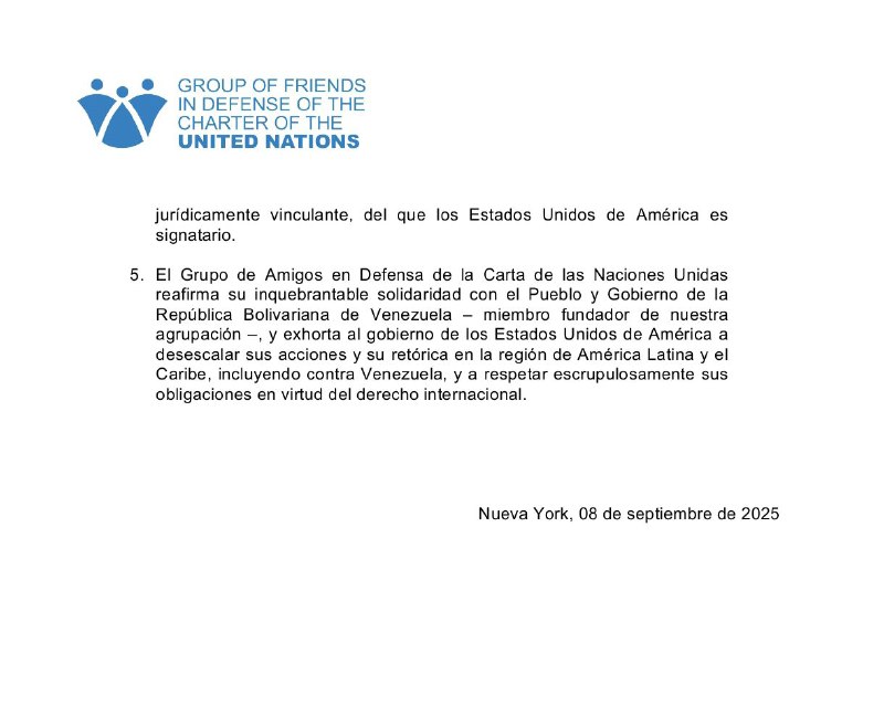 Grupo de Amigos en Defensa de la Carta de la ONU expresa profunda preocupación por escalada de acciones hostiles y despliegue militar de EE.UU. contra Venezuela 3 5044300250495430847