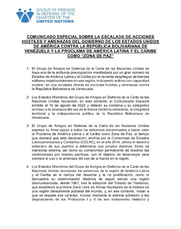 Grupo de Amigos en Defensa de la Carta de la ONU expresa profunda preocupación por escalada de acciones hostiles y despliegue militar de EE.UU. contra Venezuela 2 5044300250495430848