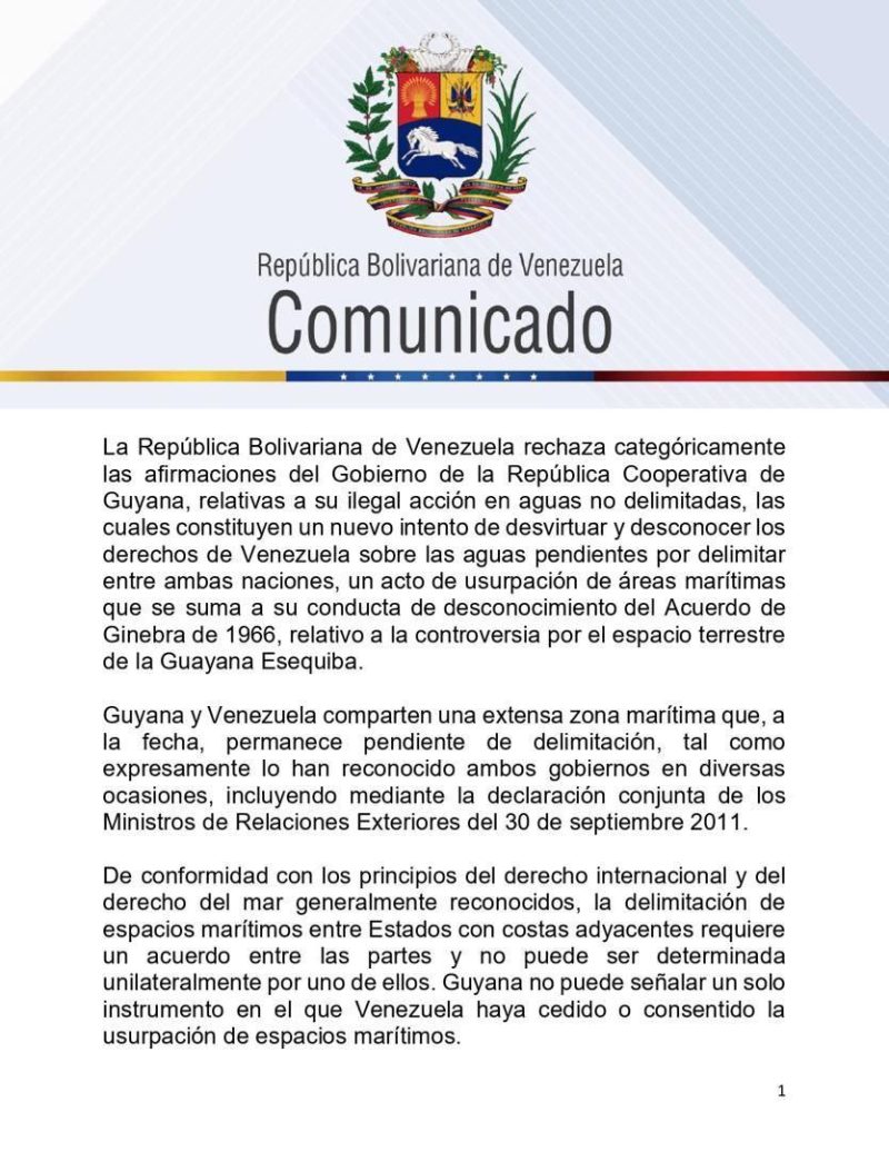 COMUNICADO: Venezuela rechaza acciones unilaterales de Guyana en aguas pendientes por delimitar 2 photo 5017184511346805638 y