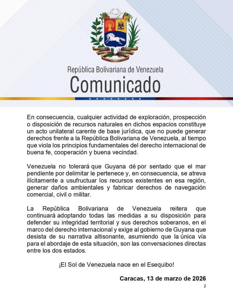 COMUNICADO: Venezuela rechaza acciones unilaterales de Guyana en aguas pendientes por delimitar 3 photo 5017184511346805639 y