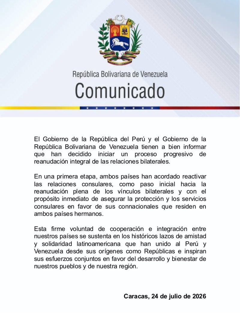 (+Comunicado) Venezuela y Perú acuerdan la reanudación de sus relaciones bilaterales 2 IMG 20260724 144055 613