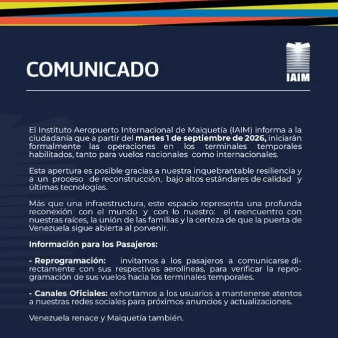 Aeropuerto de Maiquetía anuncia la apertura oficial de terminales temporales a partir del 1 de septiembre 2 Captura de pantalla 2026 08 25 181324