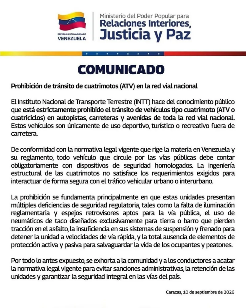 ¡Cero cuatrimotos en el asfalto! INTT recuerda la prohibición total en autopistas y avenidas 2 COMUNI.jpg 1